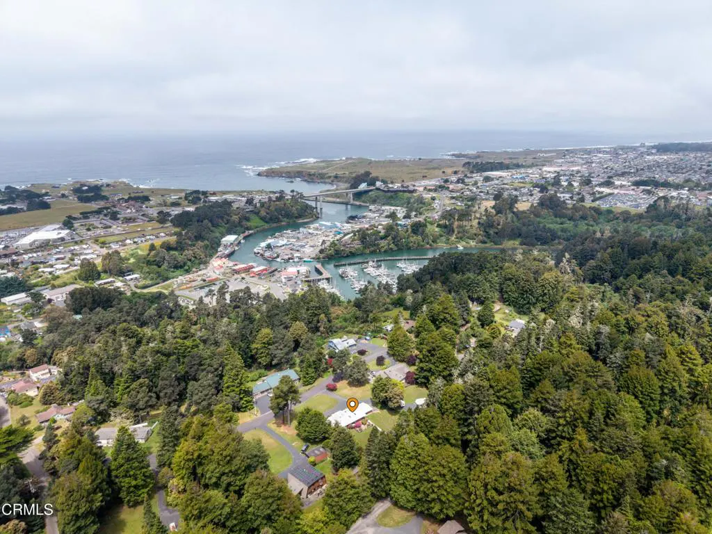 Aerial view of a coastal town with a harbor, bridge, and houses nestled among green trees. Ocean visible in the background.