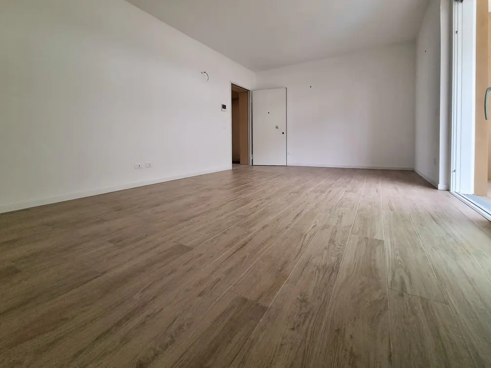 Empty room with light brown wood-look flooring, white walls, and a white door. Sliding glass doors lead to a balcony.