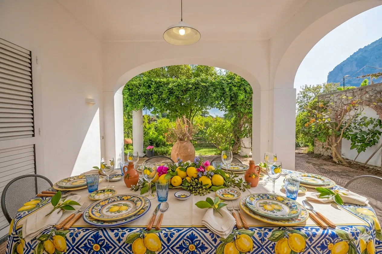 Outdoor dining table set with lemon-themed tableware, floral centerpiece, and lush green garden view.