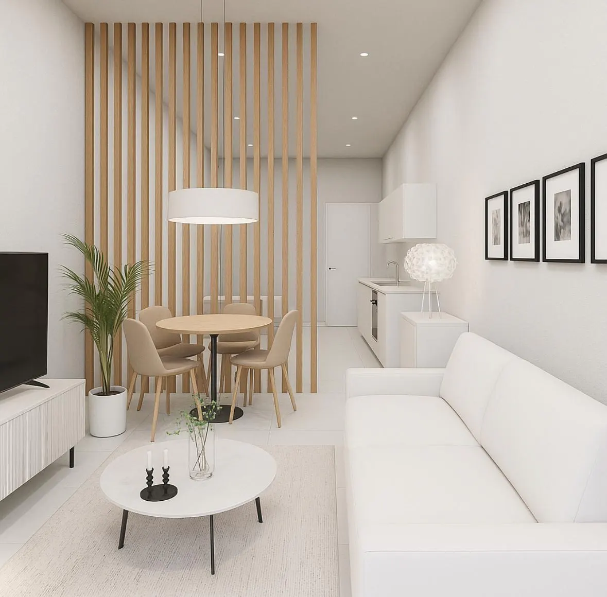 Bright, modern apartment interior with white sofa, round coffee table, and dining area separated by wood slats. Kitchen visible in background.