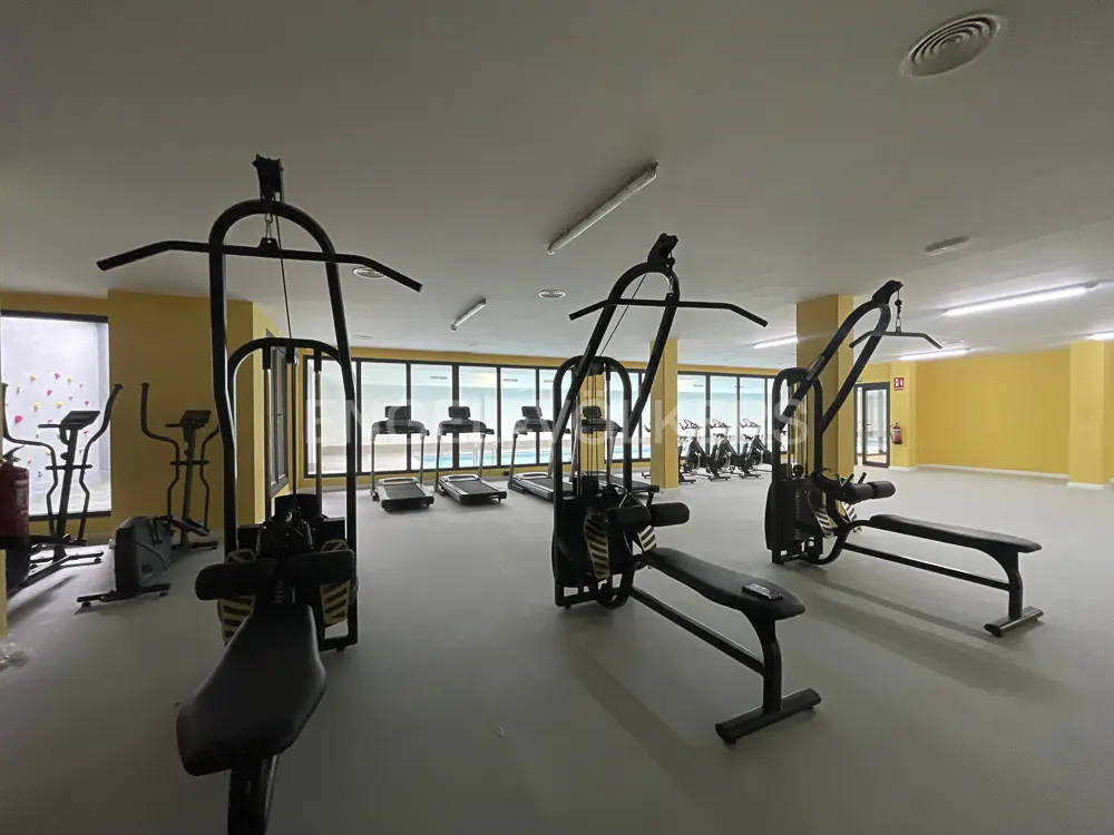 Indoor gym with weight machines, treadmills, and elliptical trainers. Large windows offer a view of the ocean. The walls are yellow.