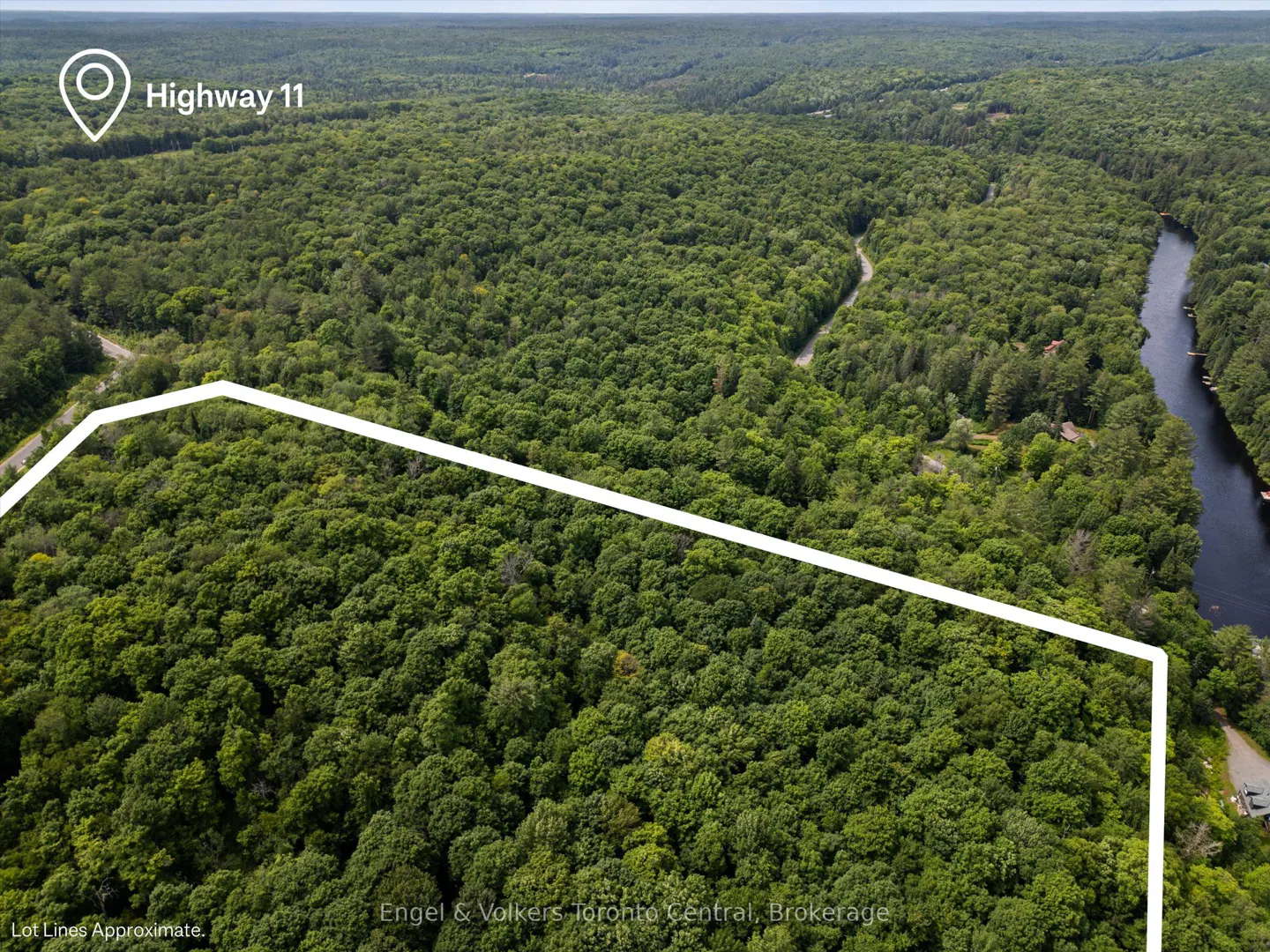 Aerial view of a wooded property outlined in white, near Highway 11 and a river. Dense green trees cover the landscape.