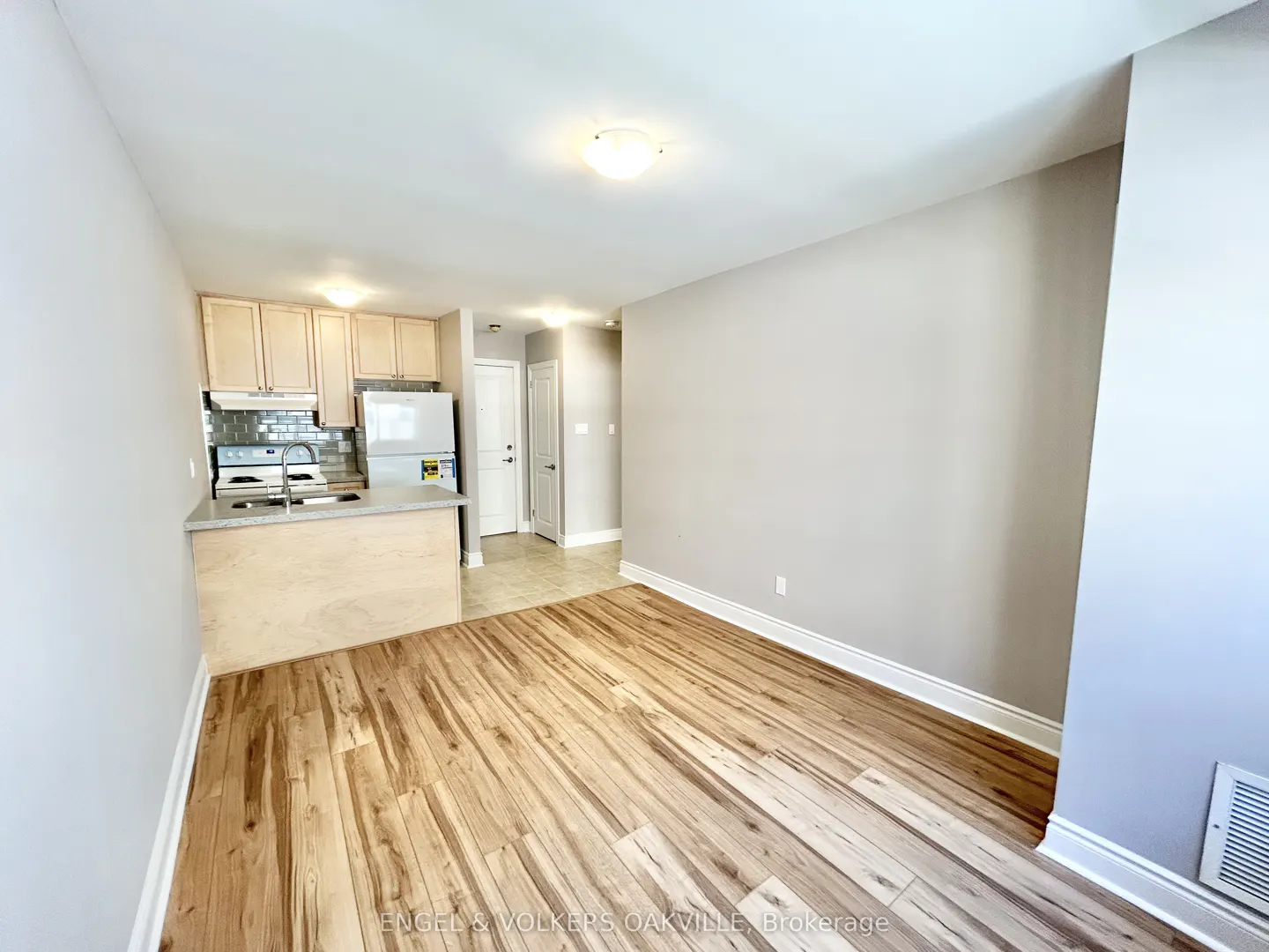 A bright, open-concept apartment with wood floors, a kitchen with light wood cabinets, and gray walls.