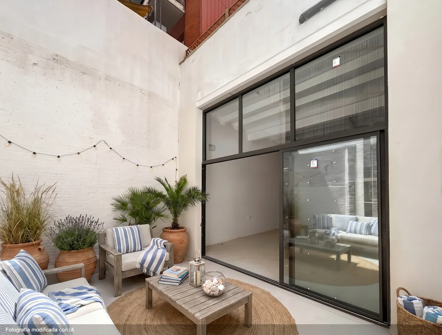 Outdoor patio with white walls, string lights, and potted plants. Sliding glass doors open to a living room with a sofa.