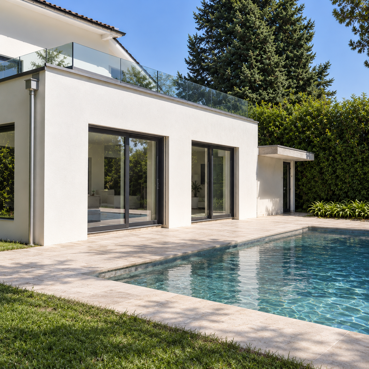 Modern white home with large glass sliding doors, a stone patio, and a swimming pool surrounded by lush green hedges. [AI-generated text]