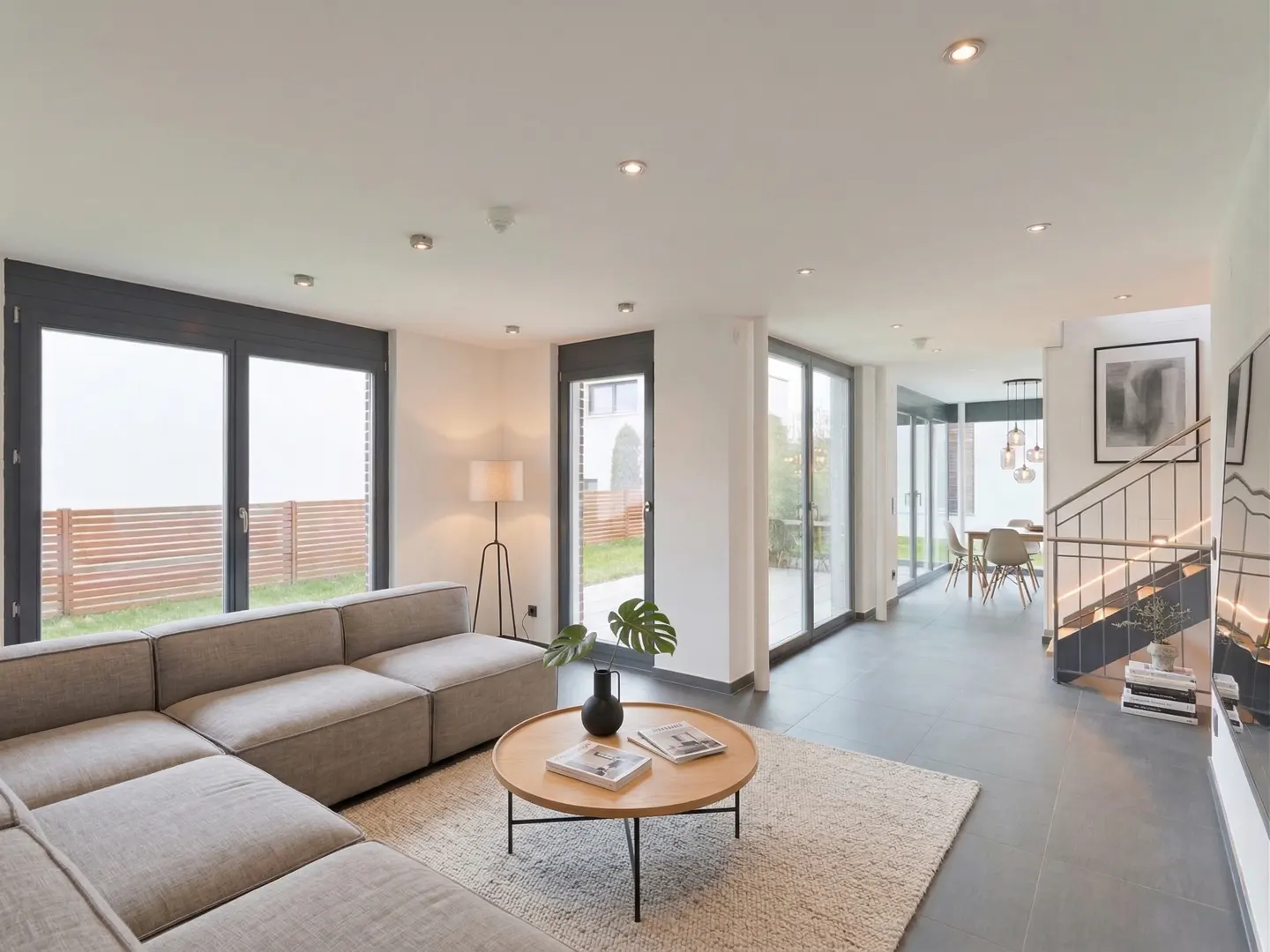 Bright, modern living room with gray sectional sofa, round wood coffee table, and large windows overlooking a fenced yard.