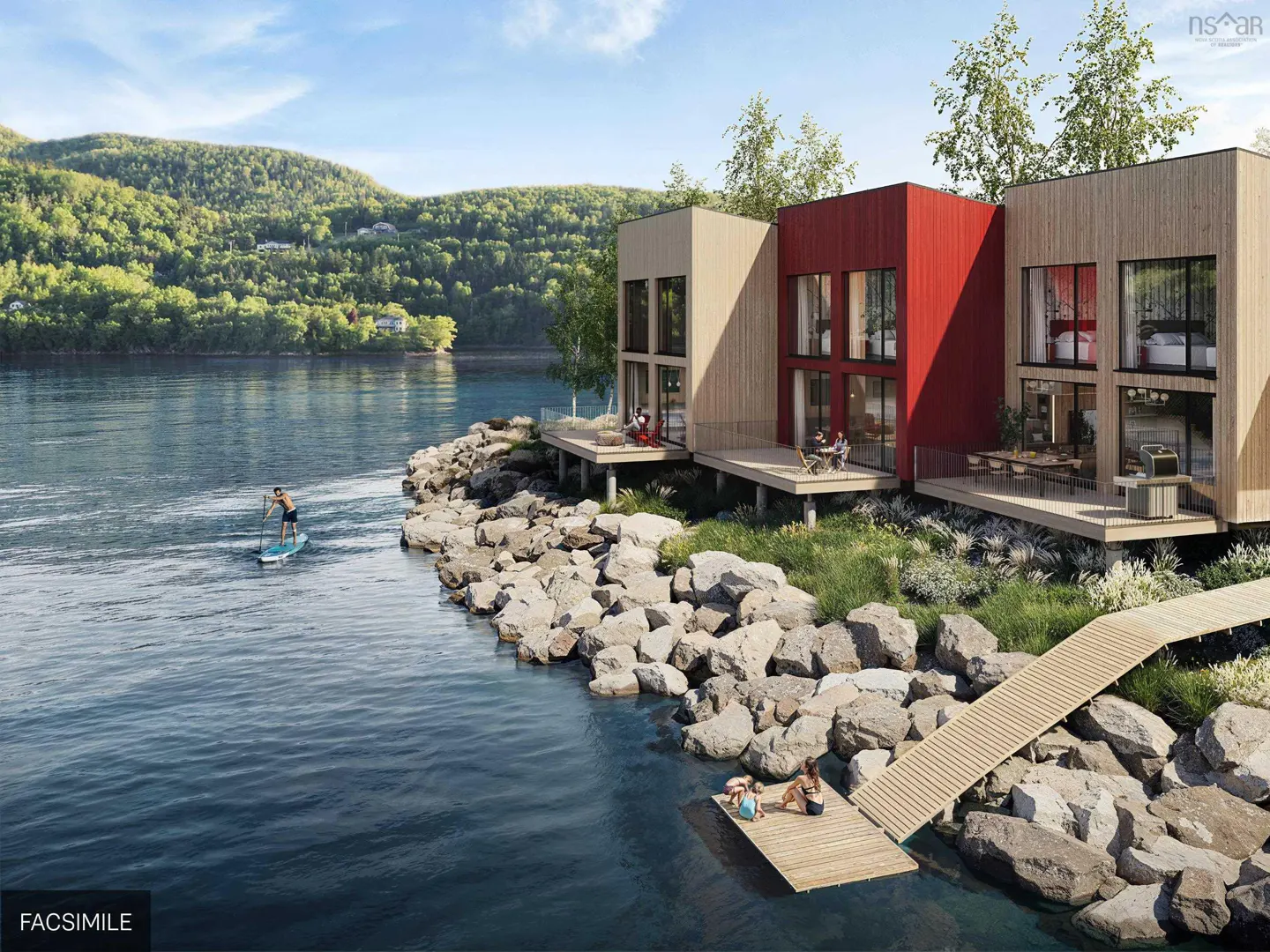 Modern waterfront homes with wood and red siding sit on a rocky shore. A paddleboarder is on the water, and people are on the docks.