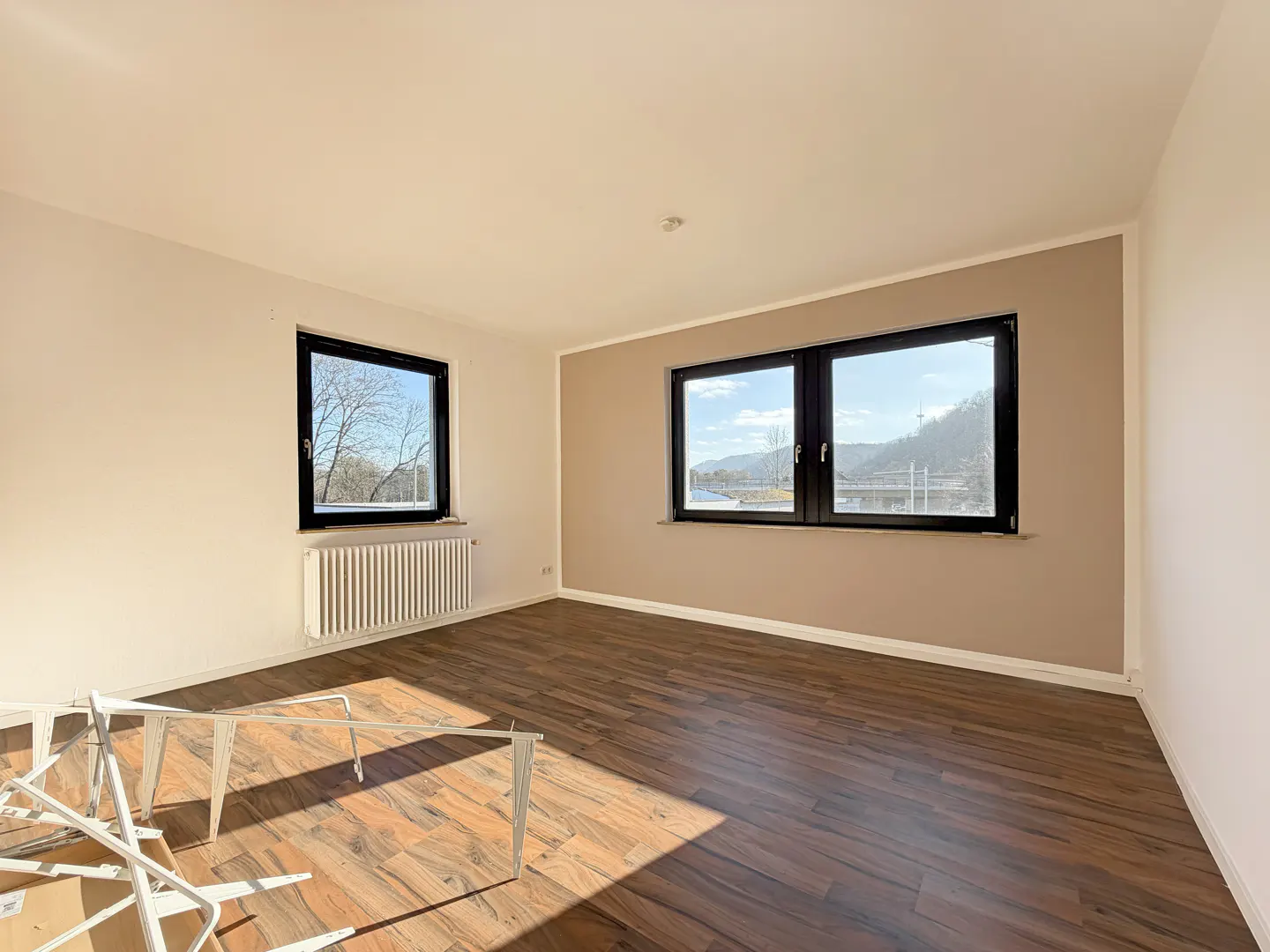 Empty room with wood floors, white walls, and two black-framed windows showing a view of trees and a mountain.