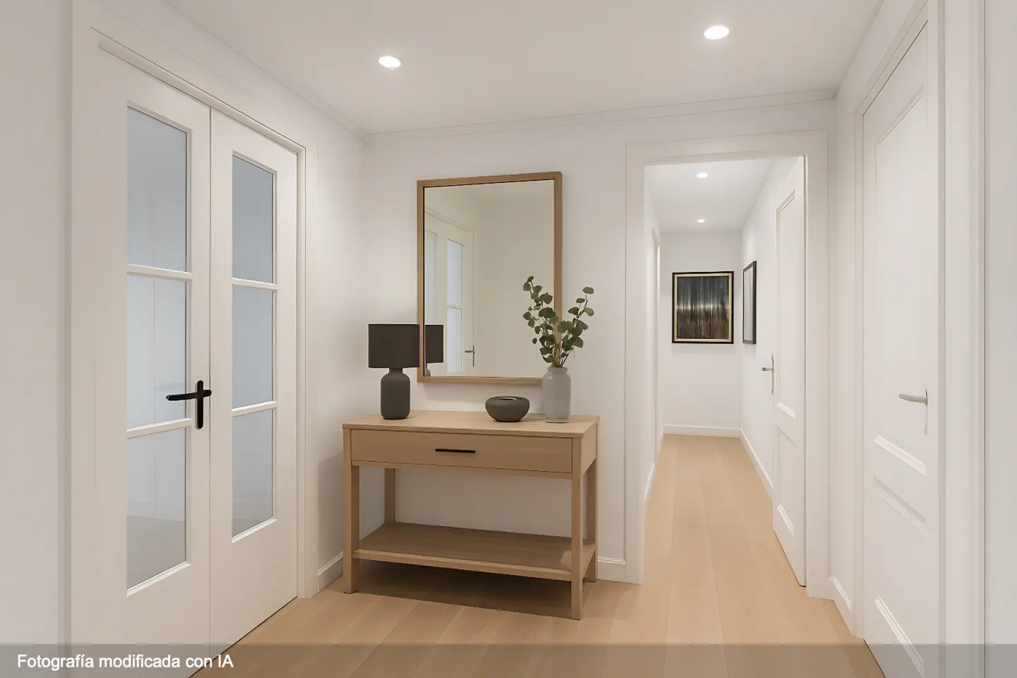 Bright hallway with light wood floors, white walls and doors. A wood console table holds a lamp, mirror, and vase with greenery.