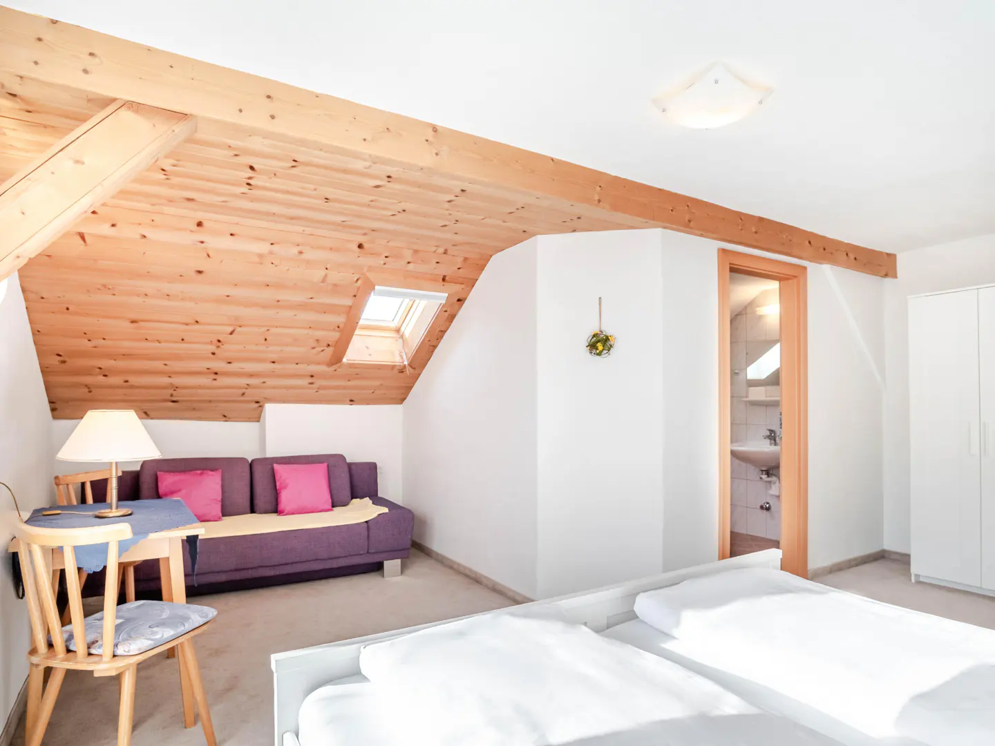 Bedroom with wood ceiling, skylight, purple sofa with pink pillows, desk, chair, and bathroom view.