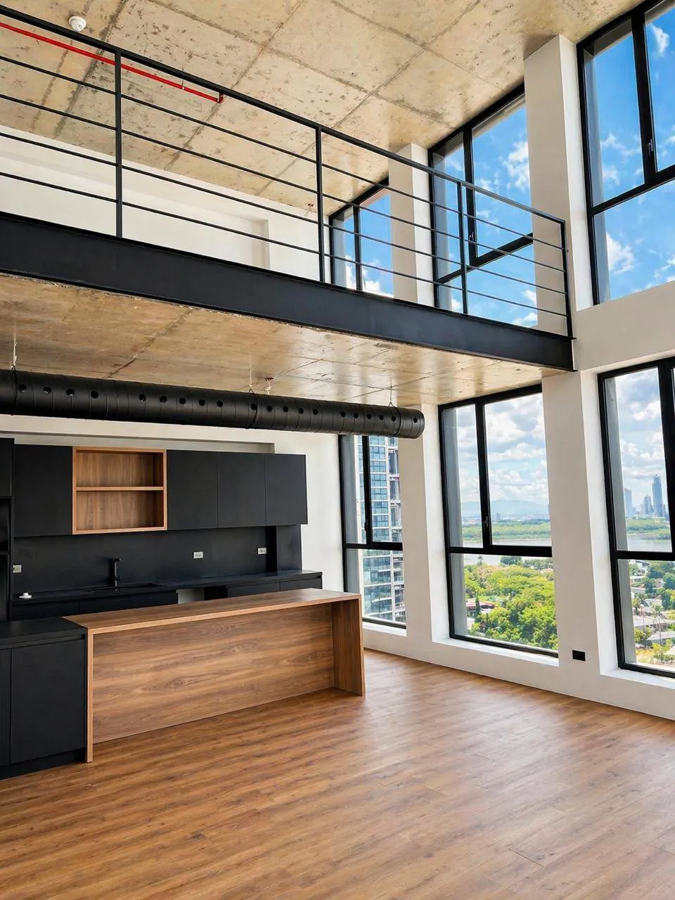 Modern loft apartment with wood floors, black kitchen, and large windows overlooking a city skyline. A metal railing surrounds the loft area.