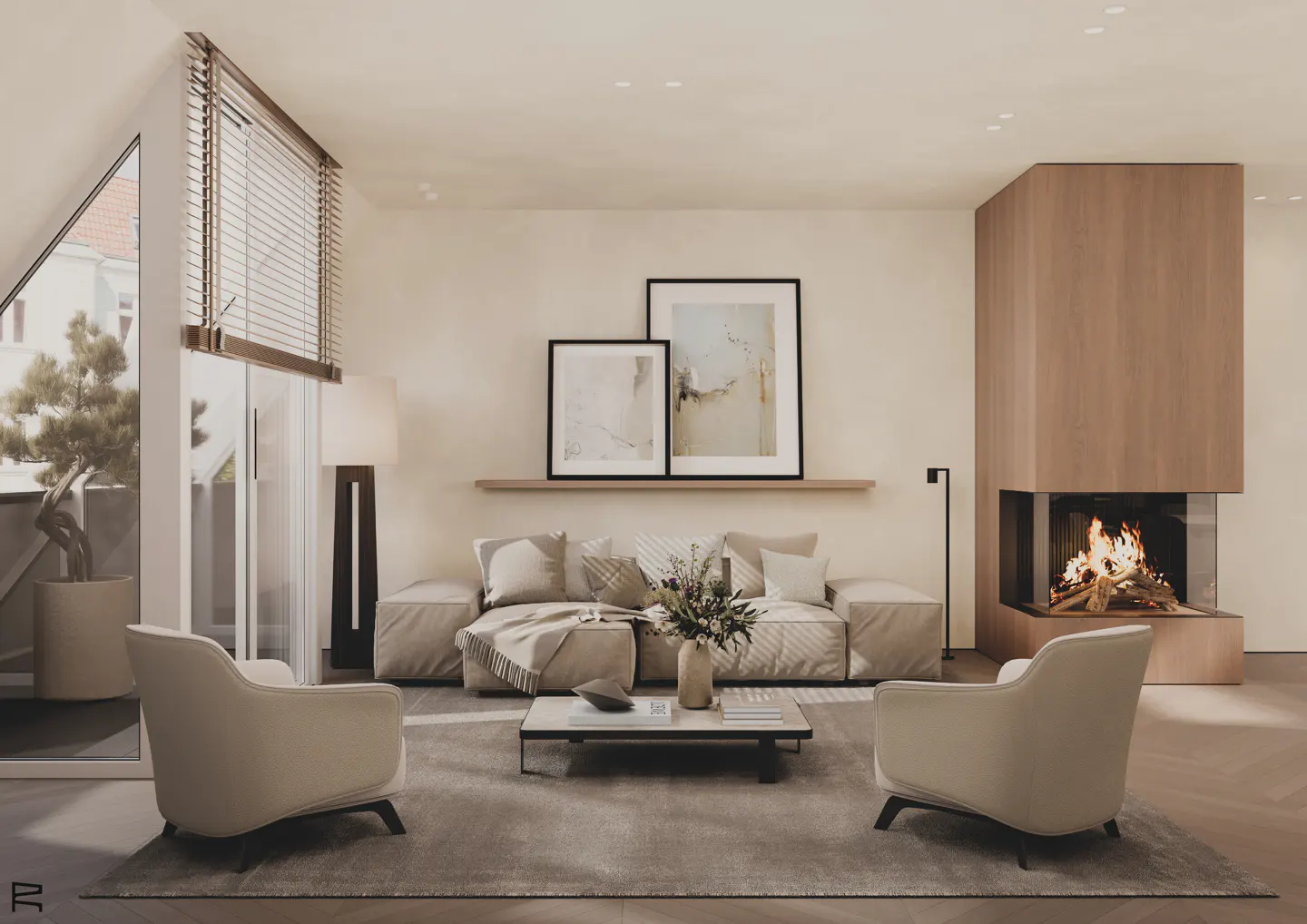 Living room with a beige sofa, two chairs, a fireplace, and a coffee table on a gray rug. Two framed pictures hang above the sofa.