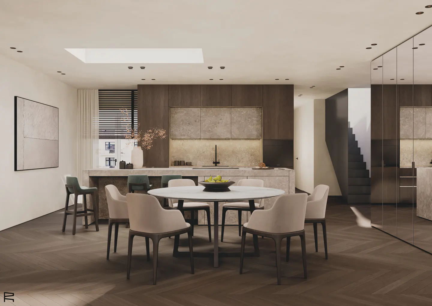 Modern kitchen with a round dining table, beige chairs, dark wood cabinetry, and herringbone floors under a skylight.