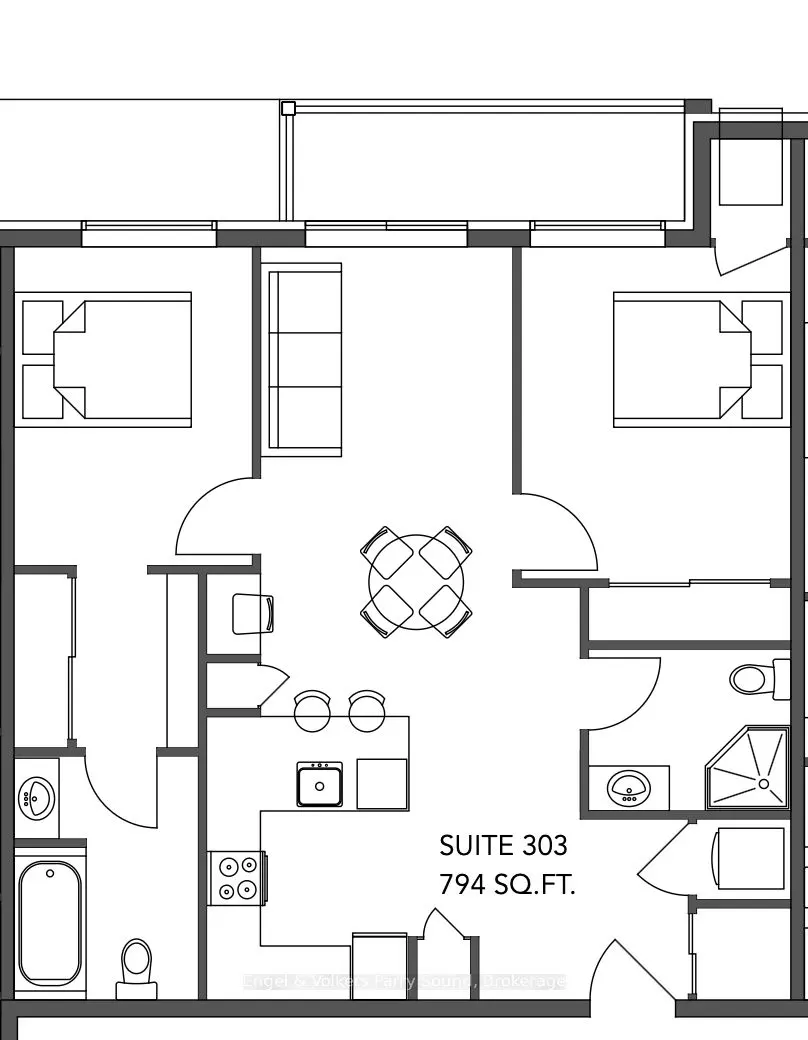Floor plan of Suite 303, 794 sq. ft., with two bedrooms, two bathrooms, kitchen, and living room with a table and four chairs.