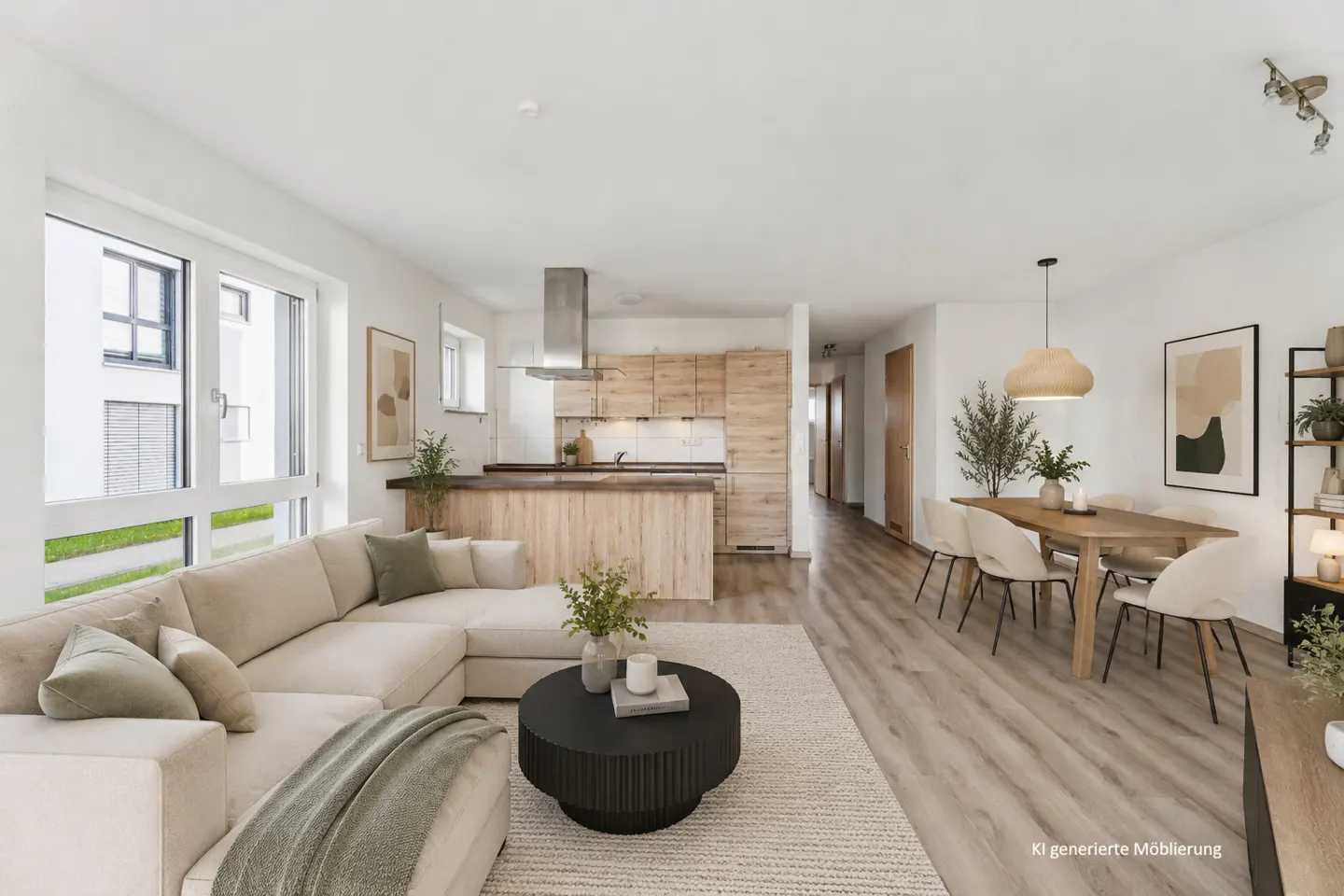 Bright, open-concept living space with a beige sectional sofa, black coffee table, and a kitchen with light wood cabinets. Dining area with table and chairs.