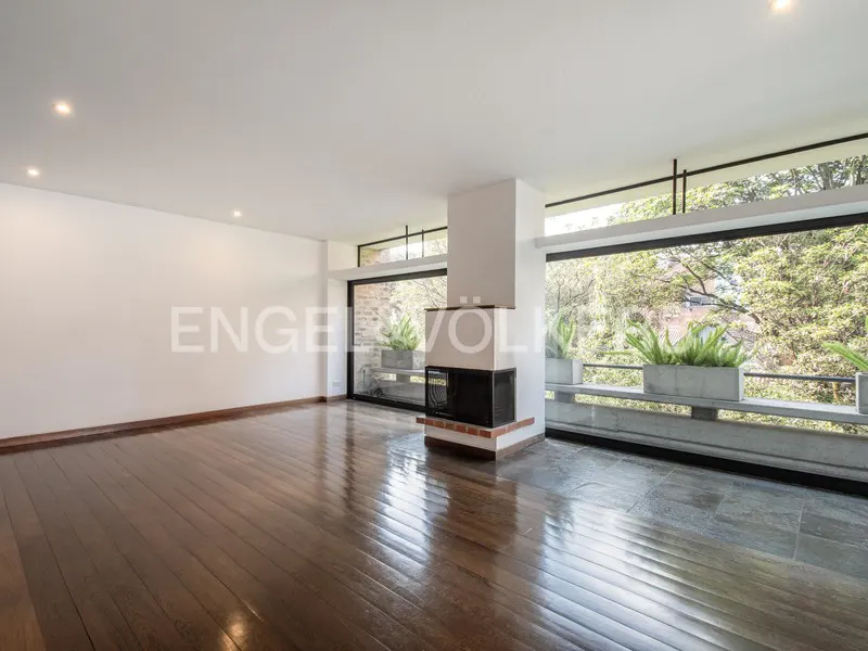 Bright, empty living room with hardwood floors, a fireplace, and large windows overlooking greenery.