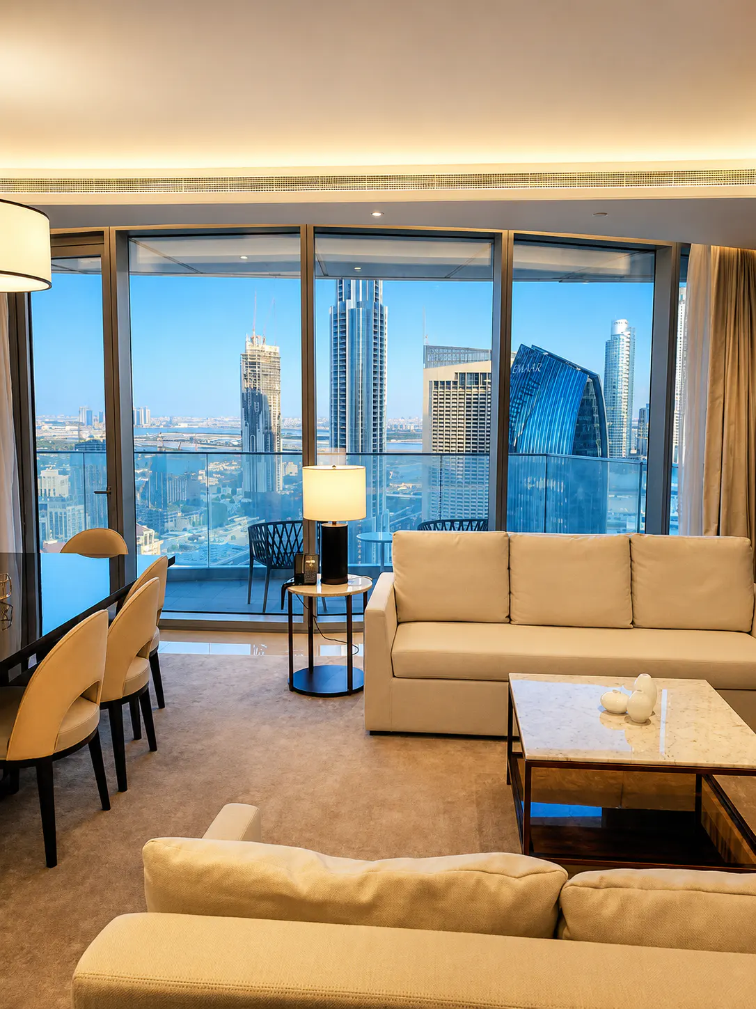 Modern living room with cream sofas, marble coffee table, and floor-to-ceiling windows overlooking a Dubai city skyline.