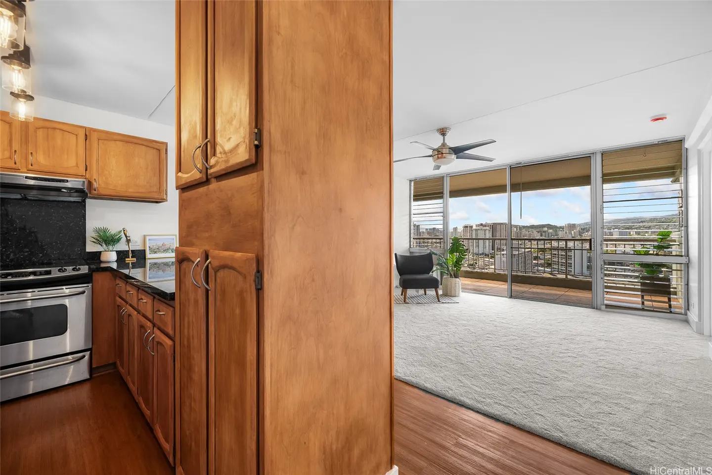 Kitchen with wood cabinets and stainless steel appliances opens to a carpeted living area with a balcony and city view.