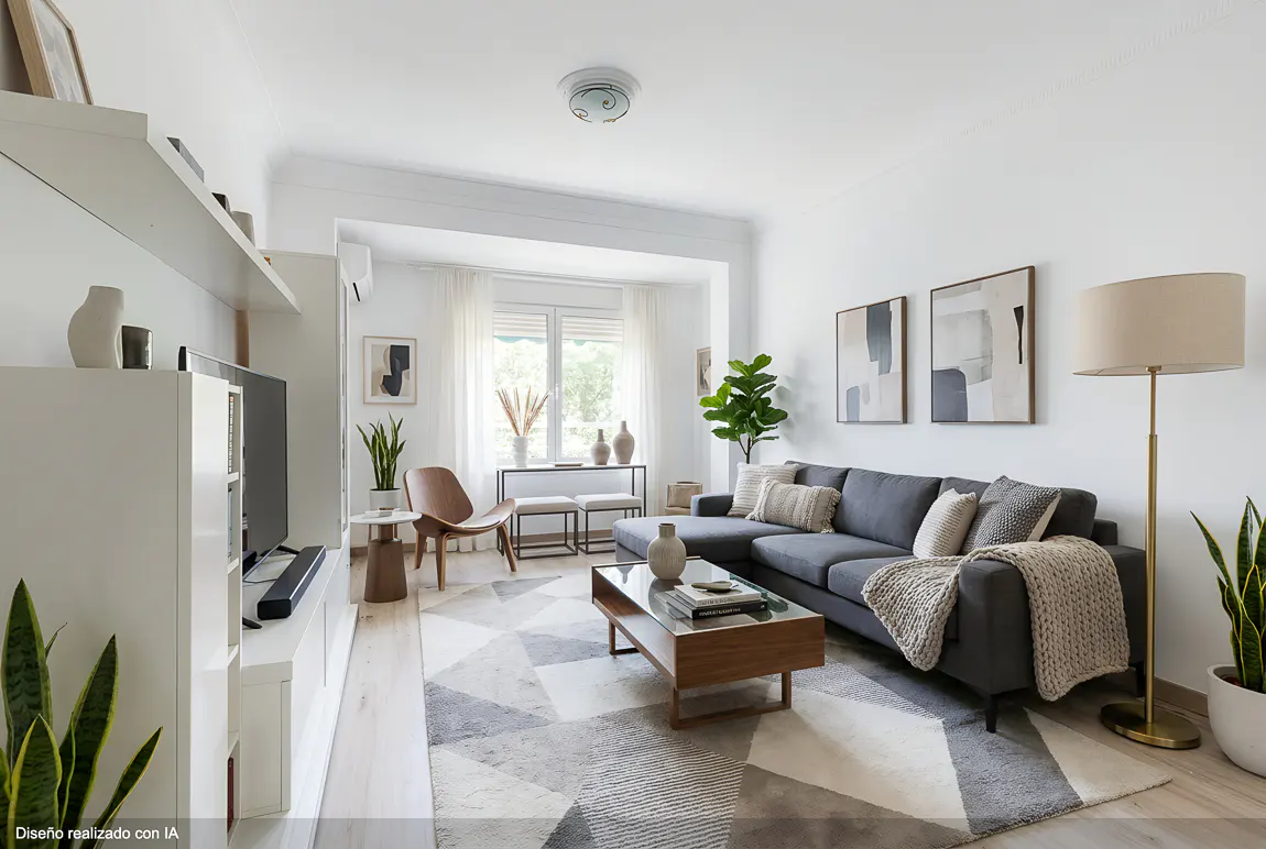 Bright living room with gray sectional sofa, geometric rug, wood coffee table, and white shelving unit. Natural light from window.