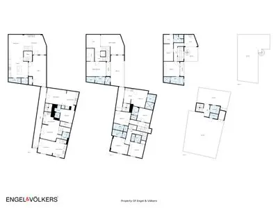 Black and white architectural floor plans showing multiple levels of a property with the Engel & Völkers logo.