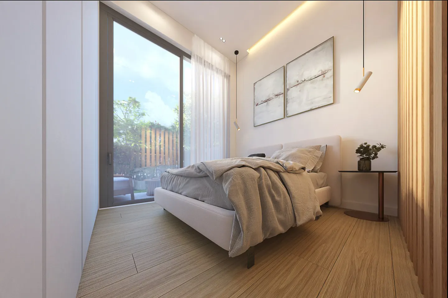 A modern bedroom with a white bed, wood floors, and a large window overlooking a garden. Two abstract paintings hang above the bed.