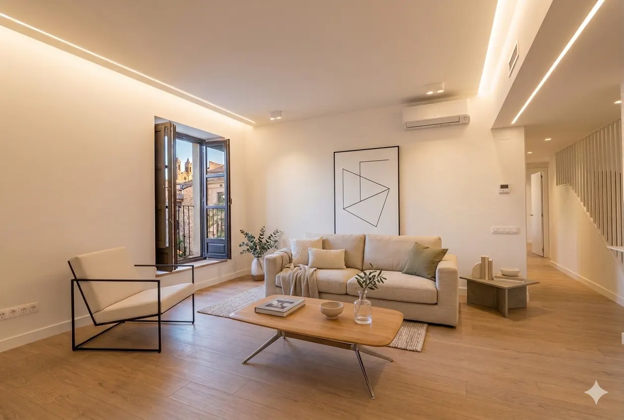 Modern living room with beige sofa, armchair, wooden coffee table, and open window showing a historic city view.
