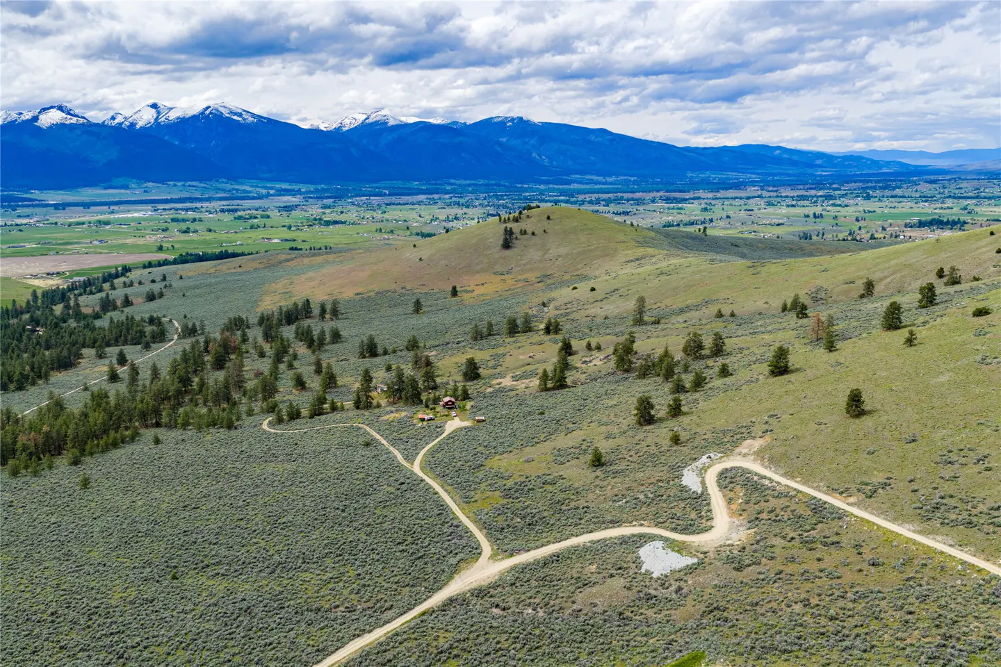 Scenic view of a green hillside with a dirt road, trees, and snow-capped mountains in the background under a cloudy sky.