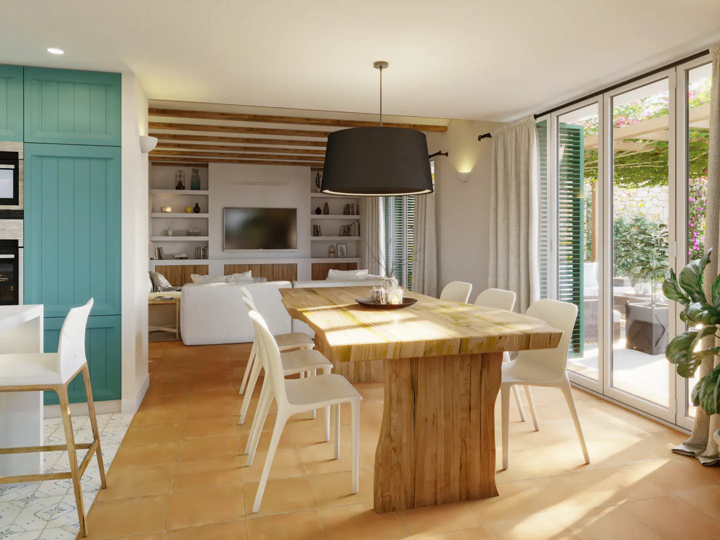 Modern dining room with a live-edge wood table, white chairs, teal cabinets, and a view of a sunny patio through glass doors.