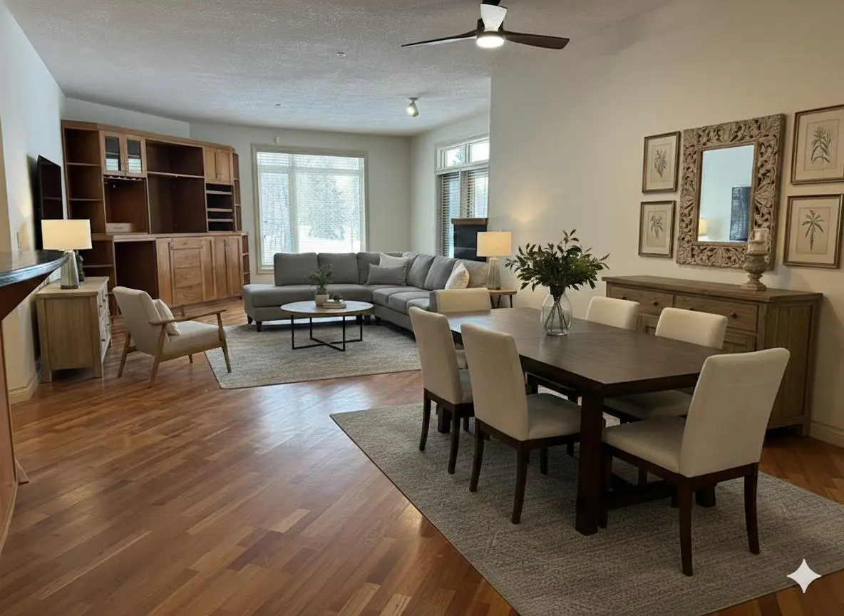 Open-concept living and dining area with hardwood floors, gray sectional sofa, and a dark wood dining table with six chairs.