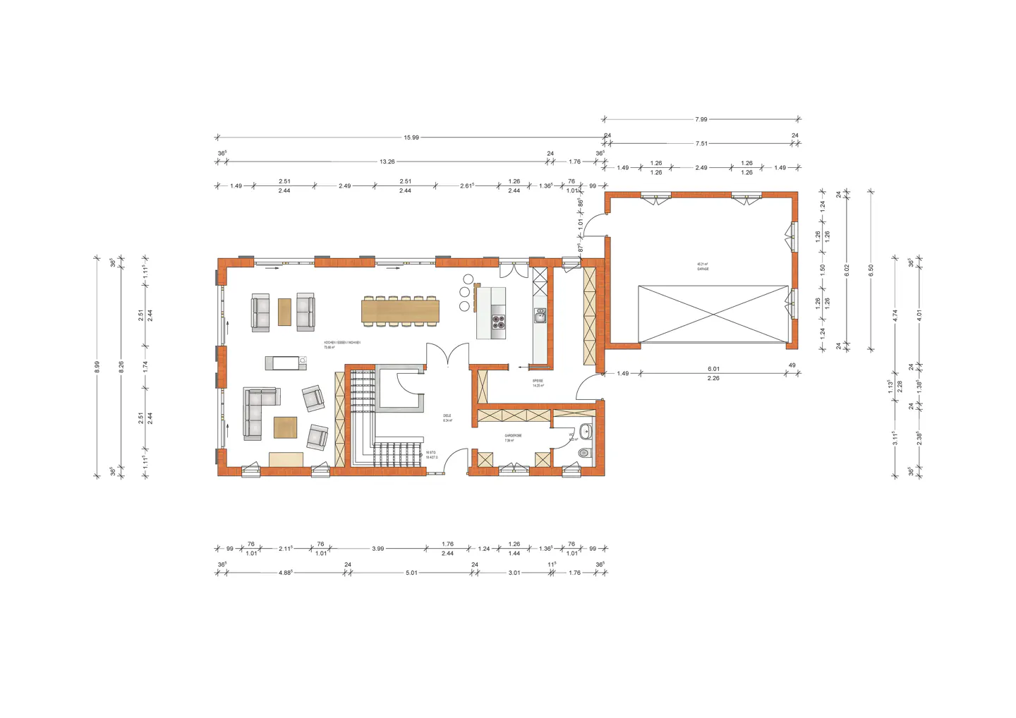 Floor plan of a house with dimensions. The layout includes a living room, dining area, kitchen, stairs, bathroom, and garage.