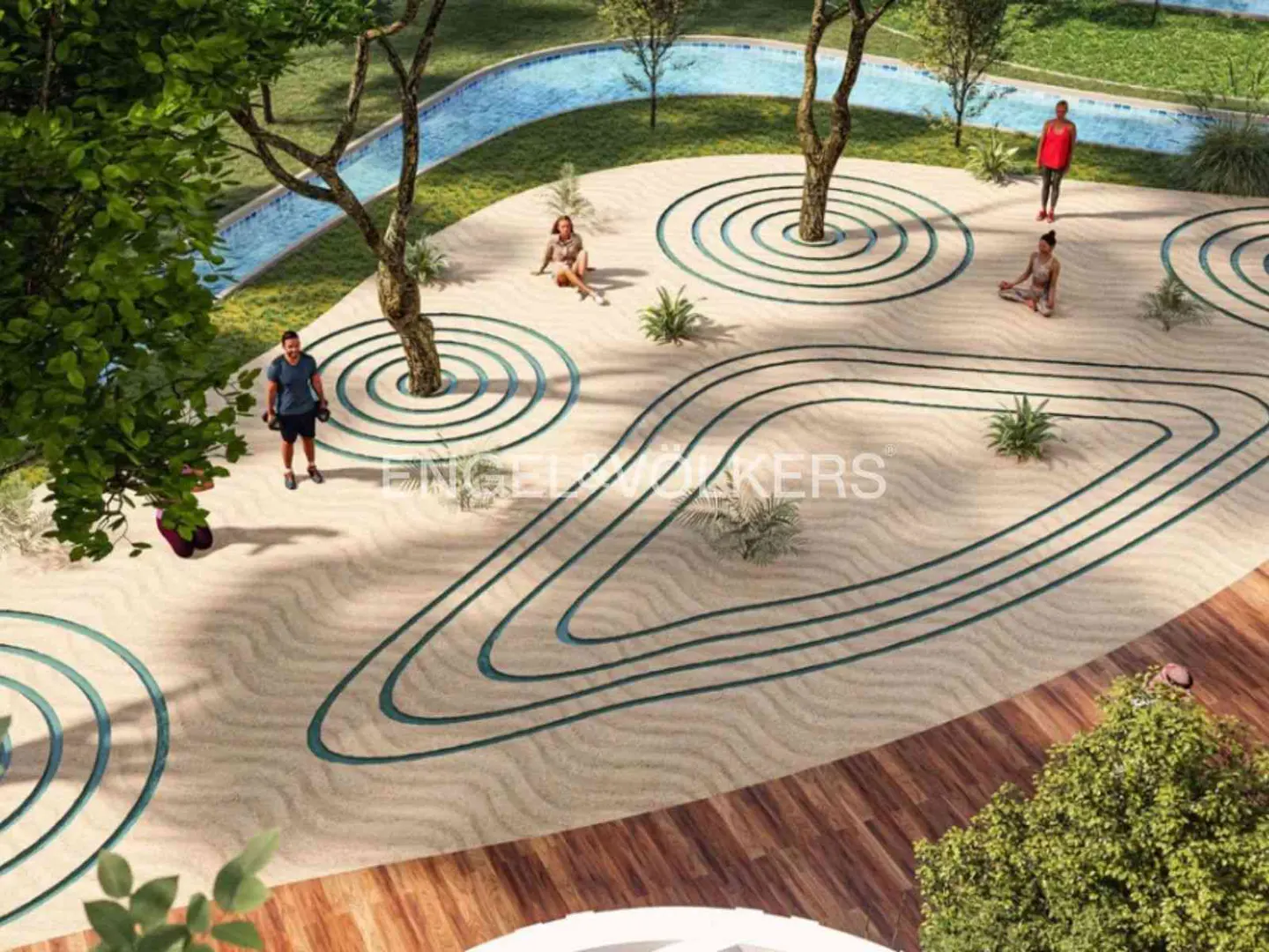 Aerial view of a zen garden with people relaxing and exercising. The garden has sand, trees, and blue concentric circles.