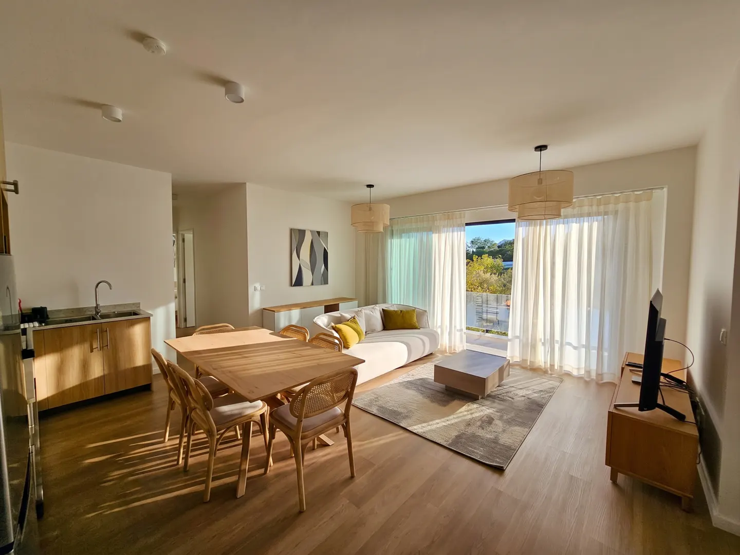 Bright, modern living space with wood floors, dining table, sofa, and view through sheer curtains.