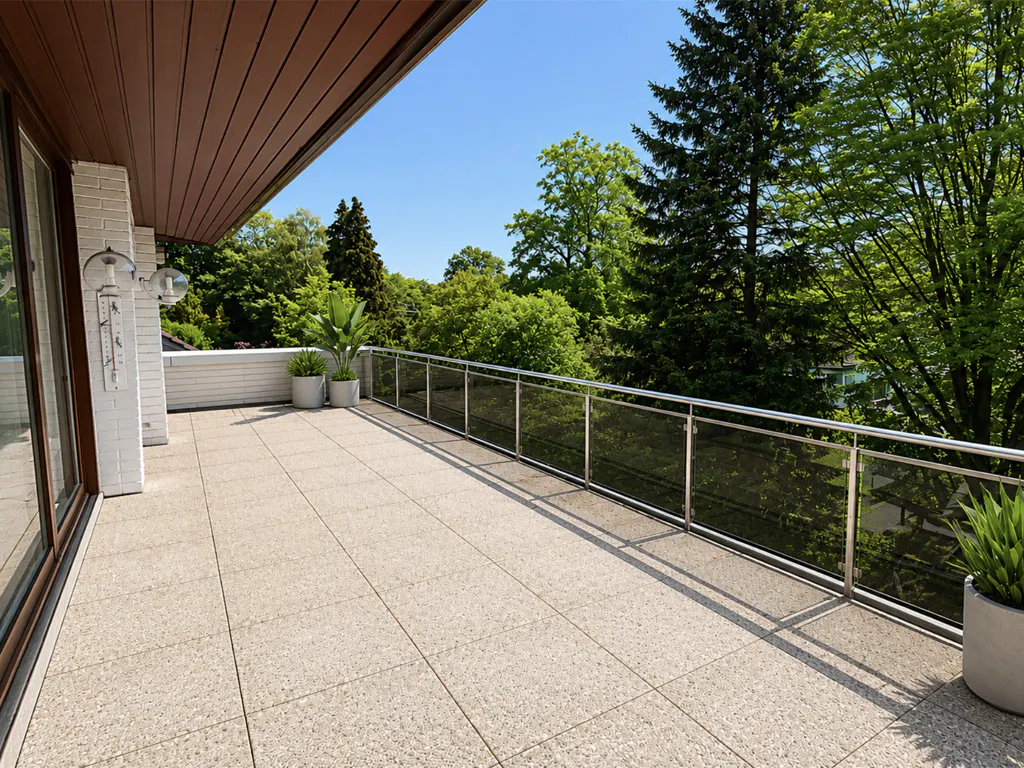 Wide balcony with tile floor, glass and steel railing, and potted plants. Green trees and blue sky in the background.