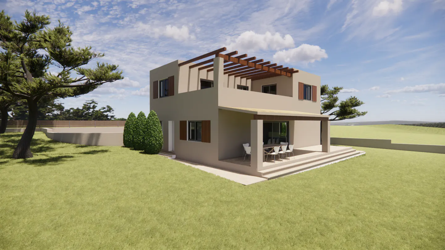 A modern two-story beige house with a wooden pergola, patio dining set, and green lawn under a blue sky.