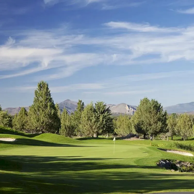 A scenic view of a green golf course with trees and mountains under a blue sky with white clouds.