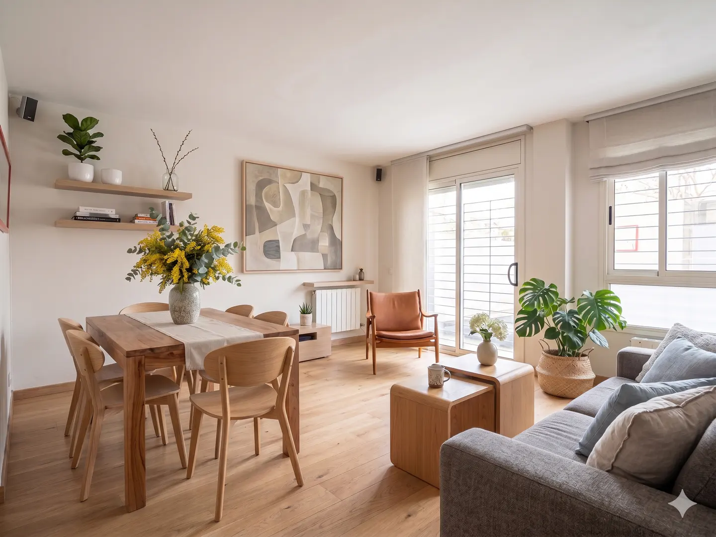 Bright living room with wood floors, a dining table with yellow flowers, a gray sofa, and a tan leather chair.