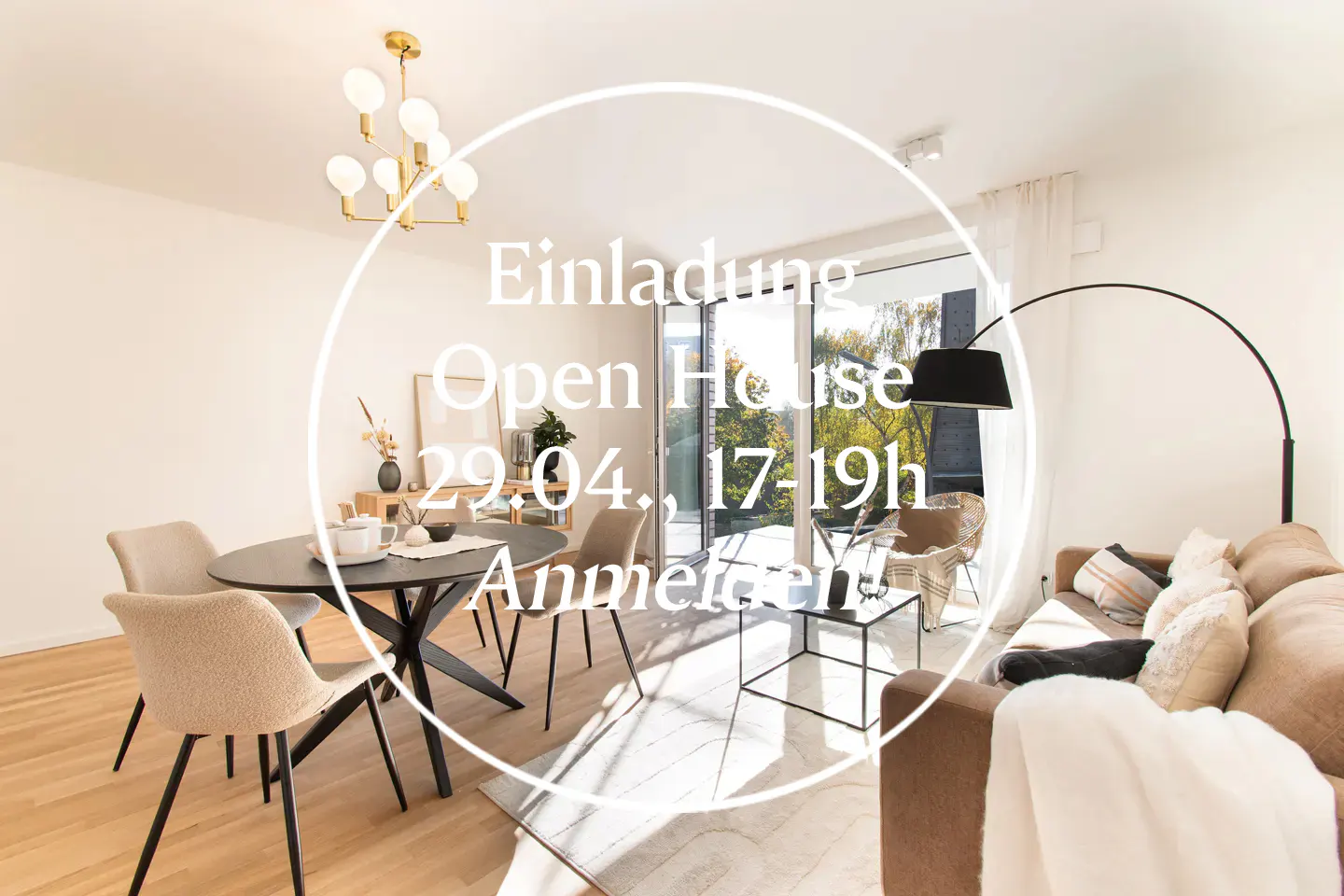 Bright living room with a round table, beige chairs, a sofa, and a floor lamp. Text overlay invites to an open house.