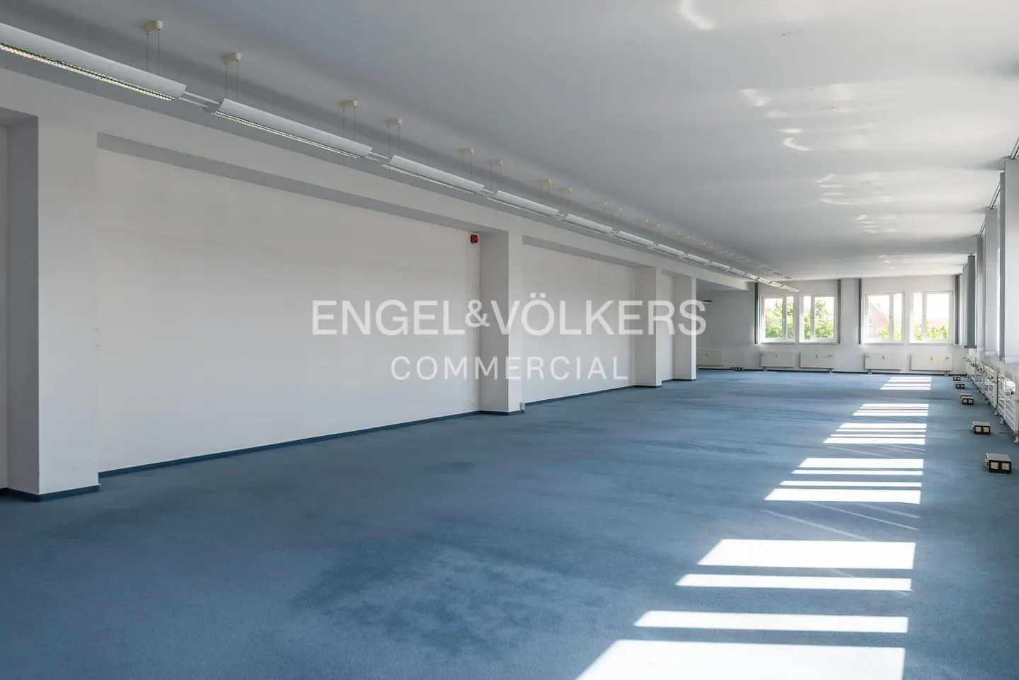 Empty, spacious commercial office with white walls, blue carpet flooring, and long rows of ceiling-mounted light fixtures.
