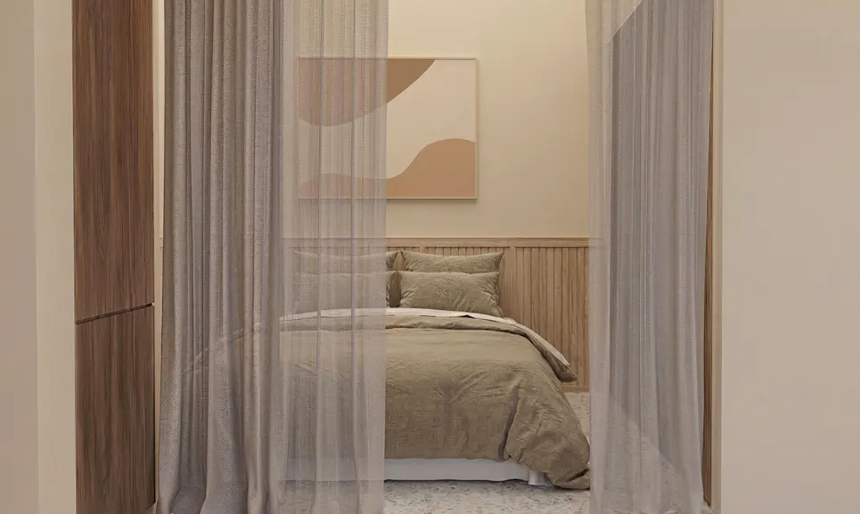 Bedroom with a bed, beige bedding, and a wooden headboard, seen through sheer curtains. A modern art piece hangs above the bed.