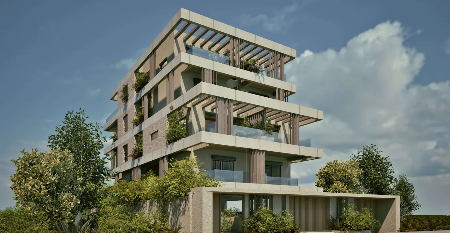 Modern multi-story apartment building with balconies and wood accents, surrounded by lush greenery against a cloudy sky.