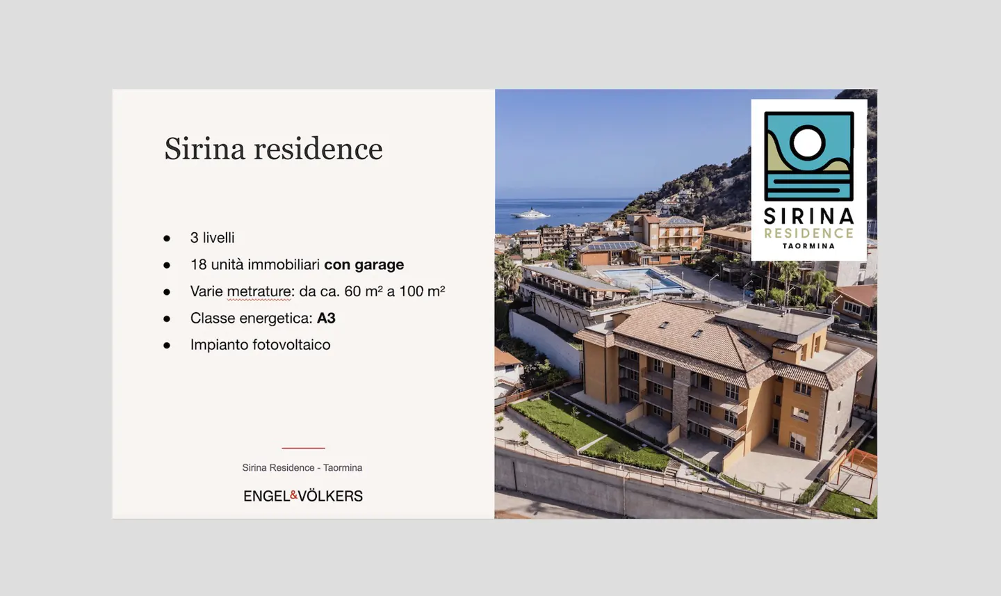 Real estate flyer for Sirina Residence in Taormina, featuring property details and an aerial view of the coastal complex.