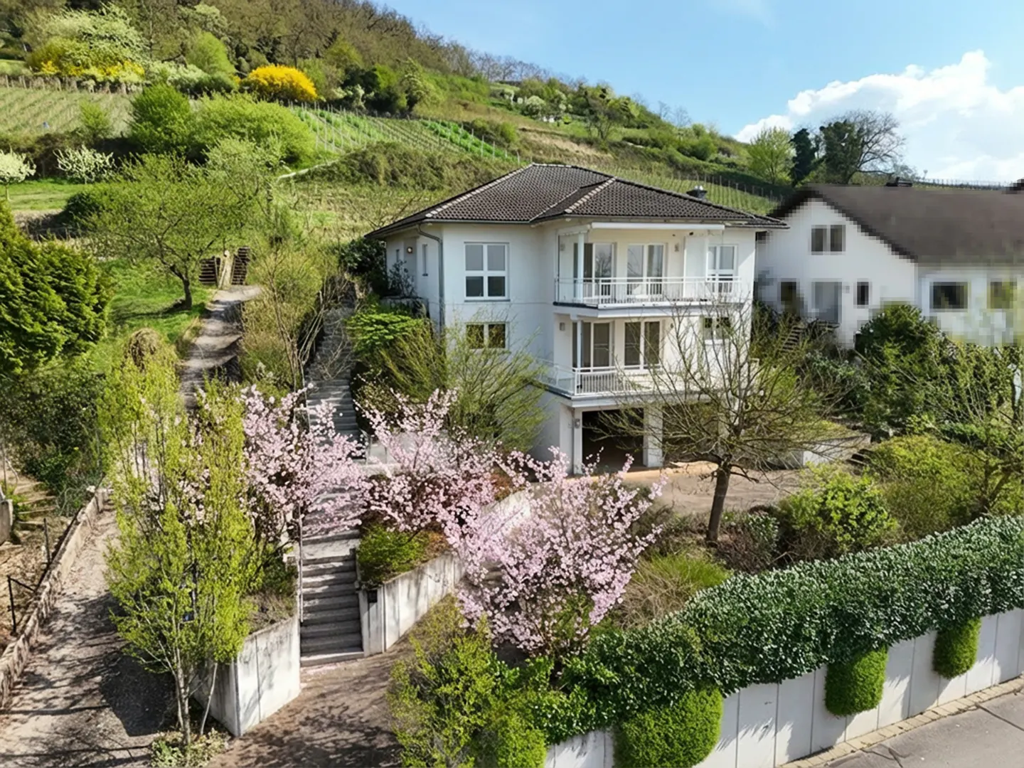 Two-story white house with balconies, surrounded by lush greenery and pink flowering trees. A hillside with vineyards is in the background.