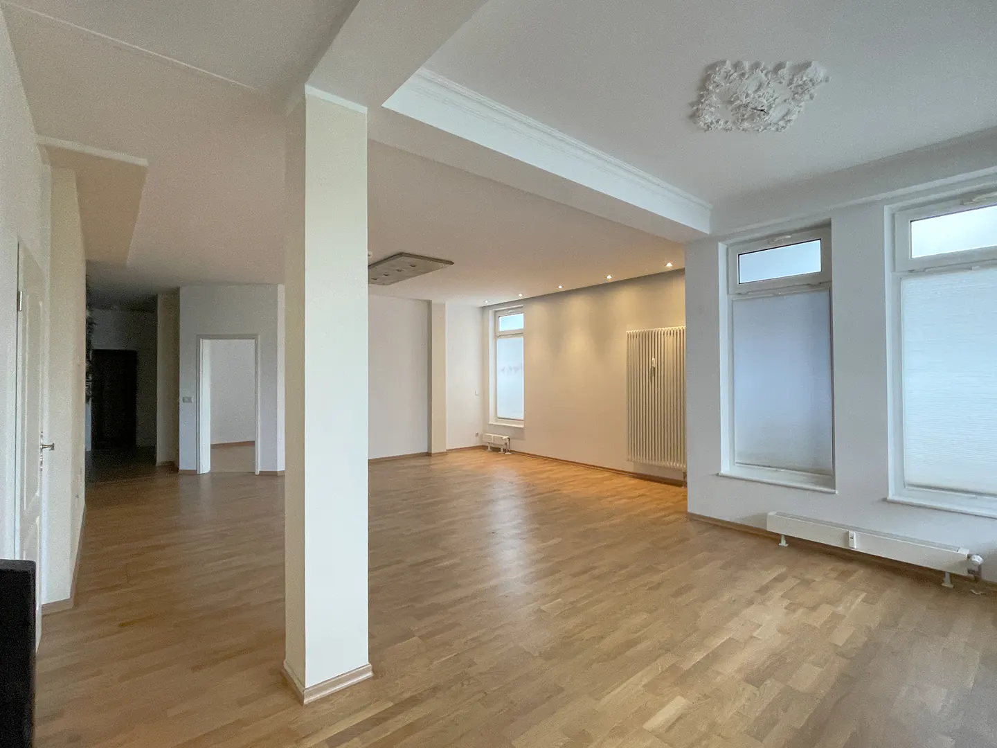 Bright, empty room with hardwood floors, white walls, and large windows. A decorative ceiling rose adds detail.