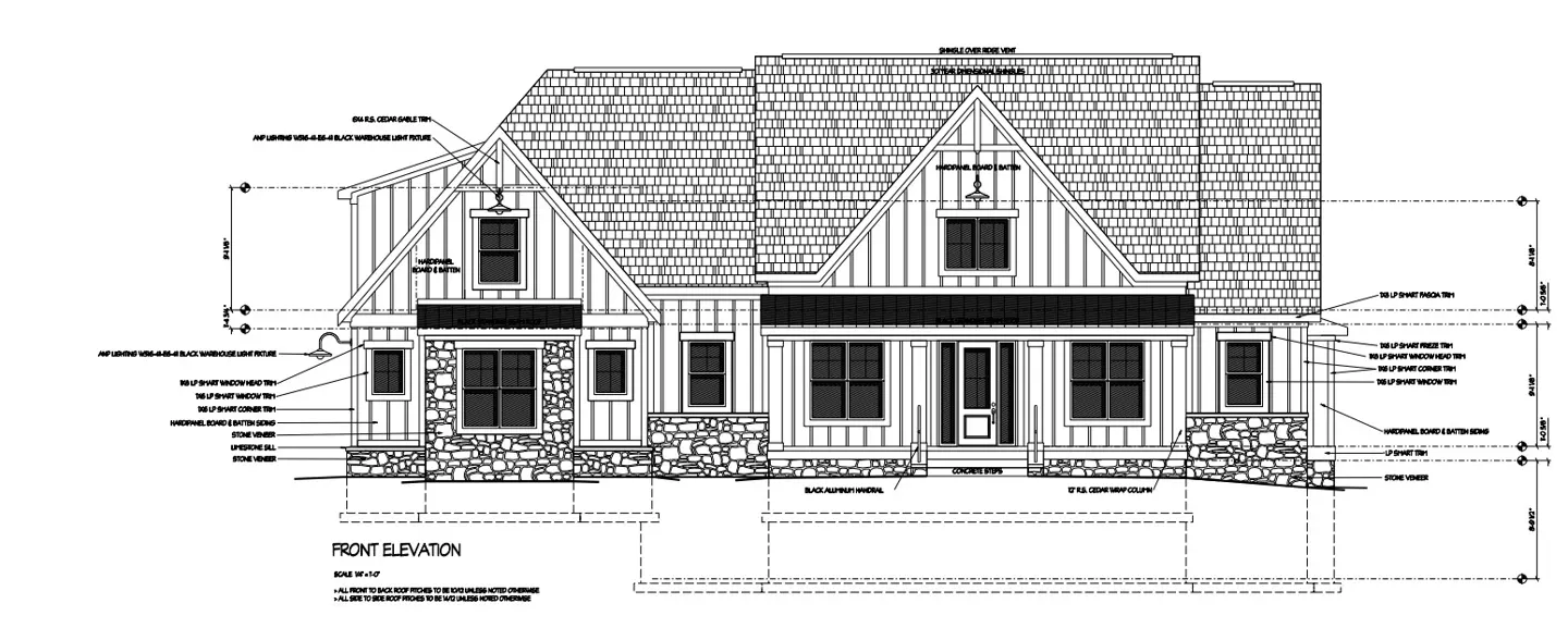 Blueprint of a two-story house with a shingled roof, stone veneer, and vertical siding. Windows are dark, and the front elevation is labeled.