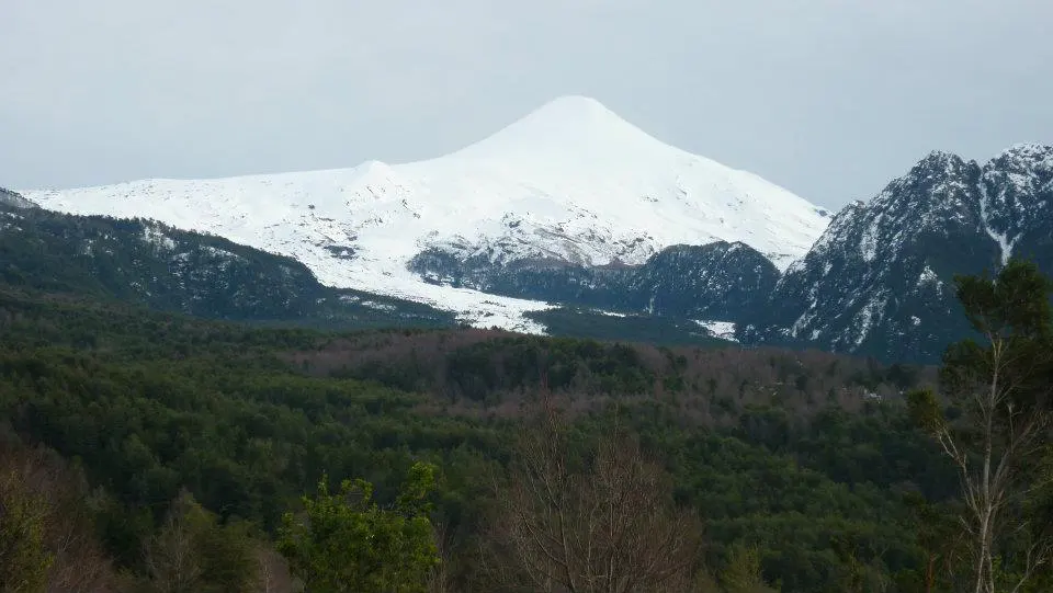 Snow-covered mountain peak rises above a lush green forest under a cloudy sky.
