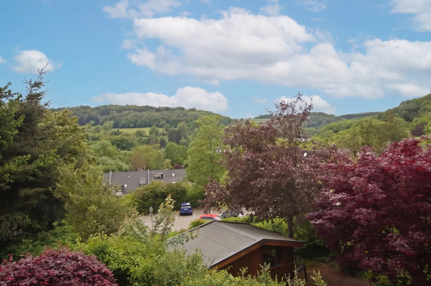 View of a lush green valley with trees, houses, and a blue sky with white clouds. A small wooden building is in the foreground.