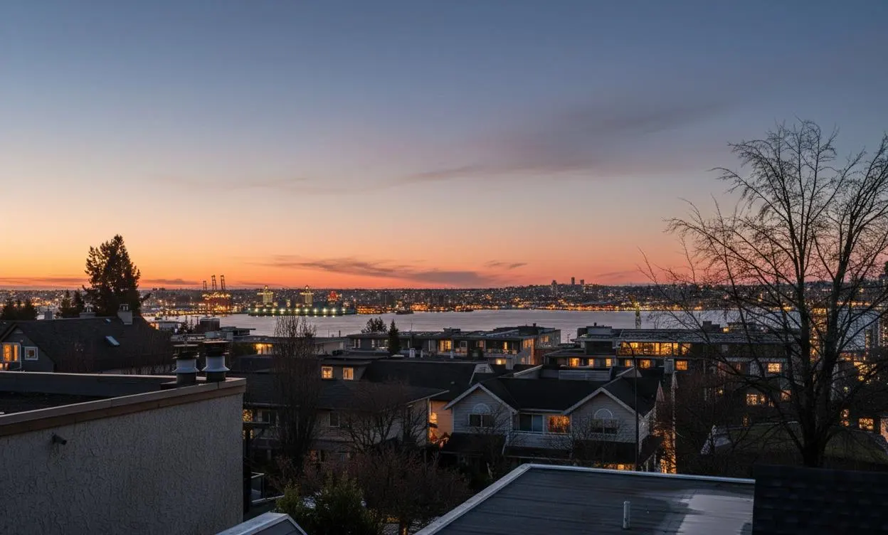 Sunset view over a city and harbor. Rooftops in the foreground, water and city lights in the distance. Sky is orange and blue.