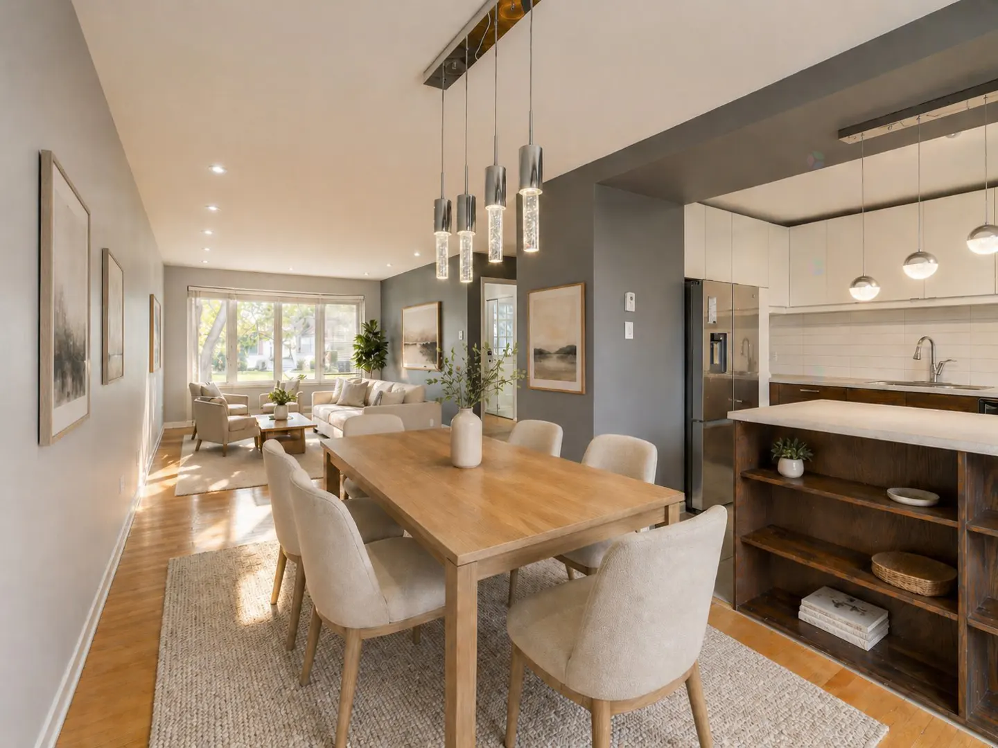 Open-concept living space with a wood dining table, beige chairs, and a modern chandelier. A living room and kitchen are in the background.