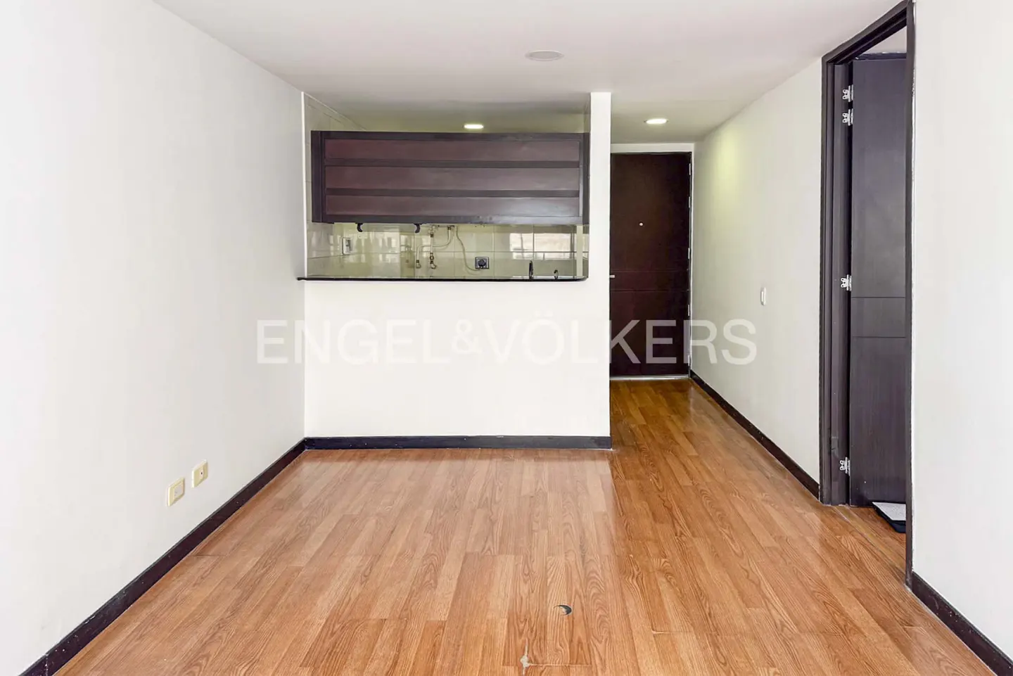Empty room with wood-look flooring, white walls, a dark wood kitchen pass-through, and a dark brown door.