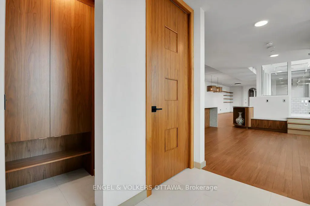 Modern hallway with wood-paneled closet, a matching wooden door with square insets, and a view into a bright living area.